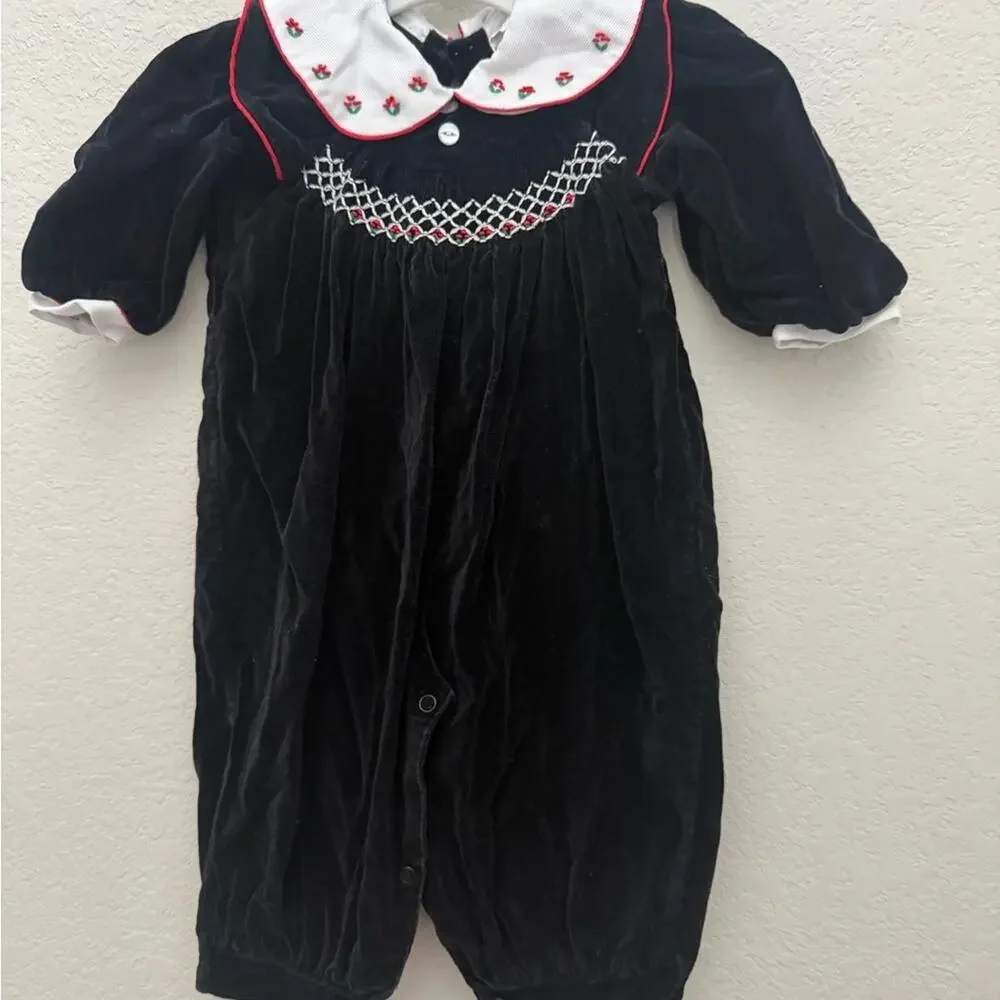 Baby Smocked Romper Black Velvet Floral Embroidery 12 to 18 Months Vintage Style